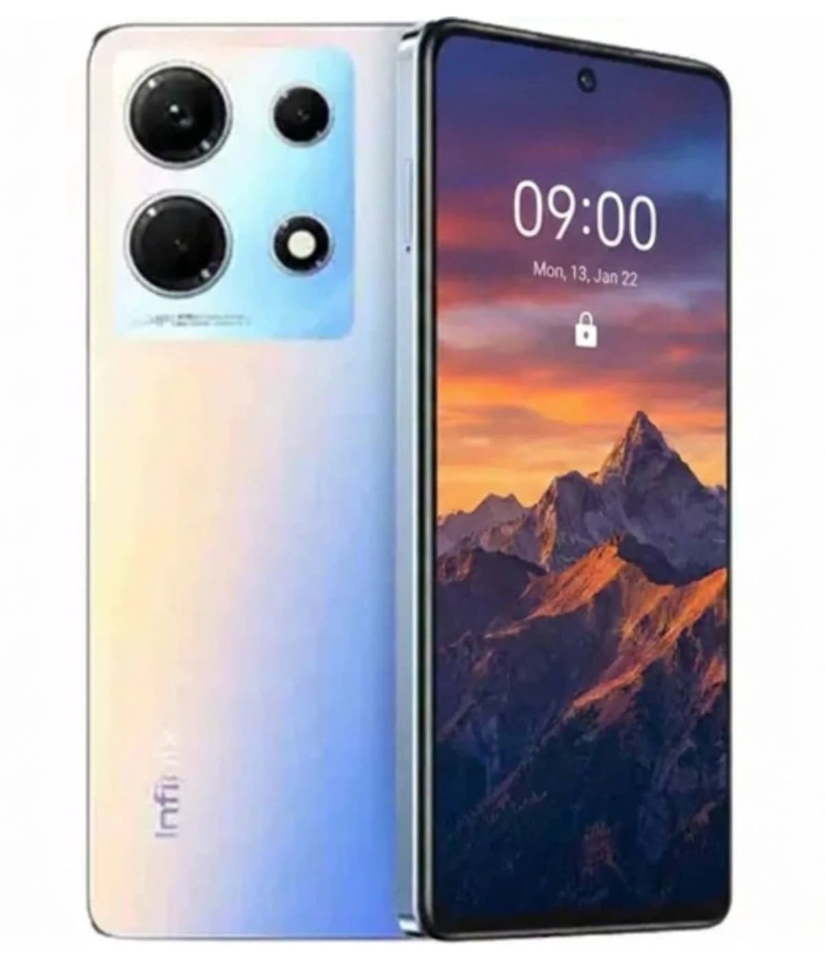 Infinix Note 30 smartphone featuring a sleek design with a gradient color finish, showcasing a vibrant display with a mountain landscape. The rear camera module includes three lenses with a unique layout. Front view highlights the modern aesthetics.