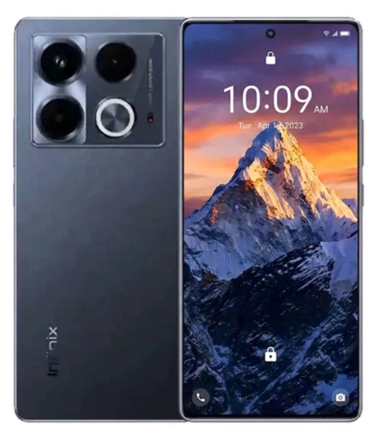 Infinix Note 40 smartphone featuring a sleek gray design, triple rear camera setup, and vibrant display showcasing a mountain landscape. The device is shown from the front with a lock screen visible.