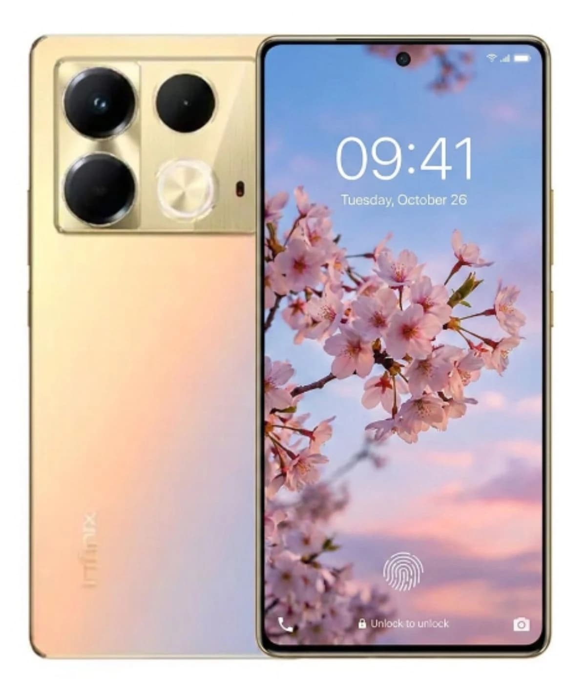 Infinix Note 40 smartphone featuring a sleek gold gradient design, dual rear cameras, and a vibrant display showcasing cherry blossoms. The device has a fingerprint unlock feature and a modern aesthetic.