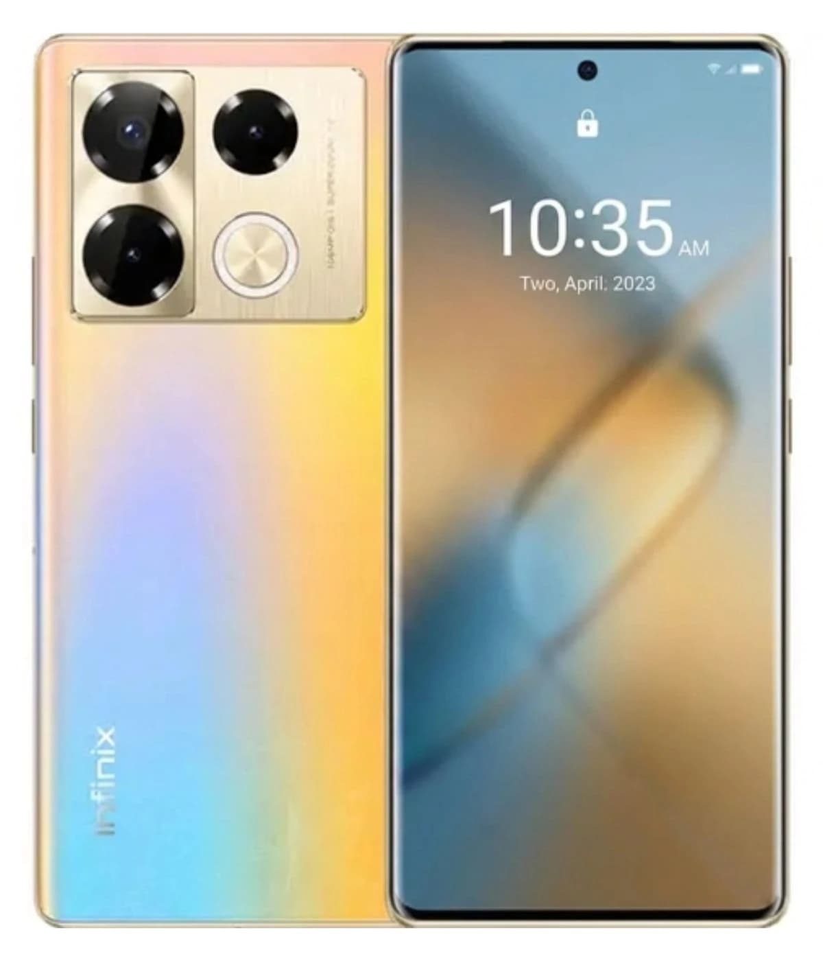 Infinix Note 40 Pro smartphone featuring a stunning gradient design in gold and blue hues, showcasing a sleek front display with a centered camera cutout and a triple-camera setup on the back. The device is displayed against a plain background.