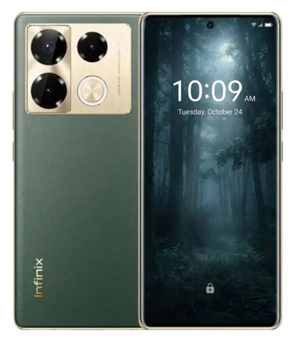 Infinix Note 40 Pro smartphone in a sleek green finish with a gold camera module. Features a large display showing a forest scene, highlighting its modern design and advanced camera capabilities.