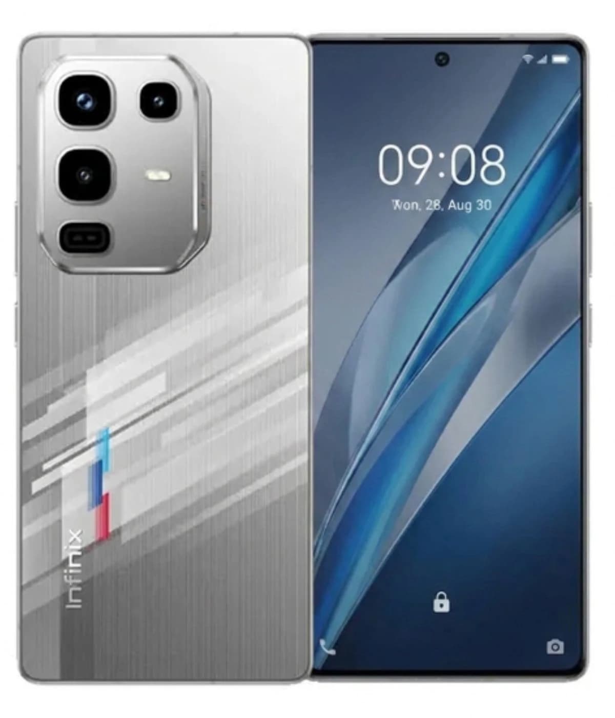 Infinix Note 50 Pro smartphone featuring a sleek silver design with a brushed metal finish, triple rear camera setup, and vibrant display showing the time. The device has a modern aesthetic with geometric patterns and the Infinix logo.