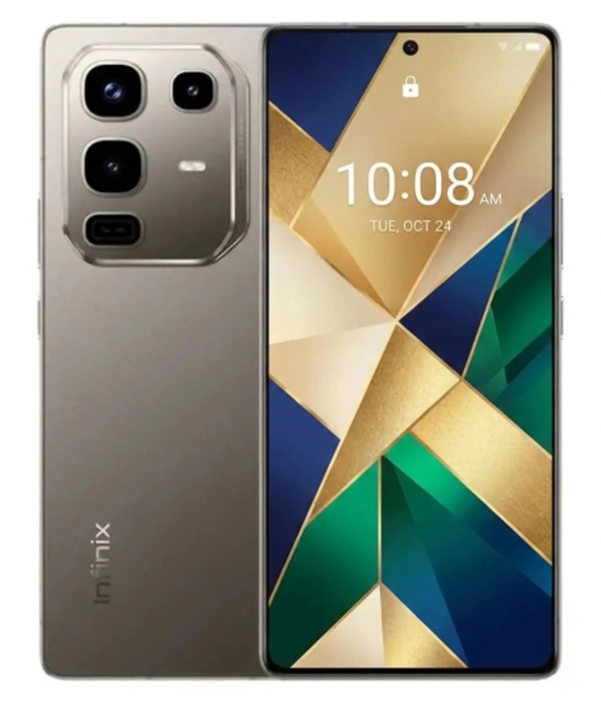 Infinix Note 50 Pro smartphone featuring a sleek design with a gold and green geometric pattern on the screen, three rear cameras, and a modern metallic finish. The display shows the time and date, emphasizing its advanced technology.