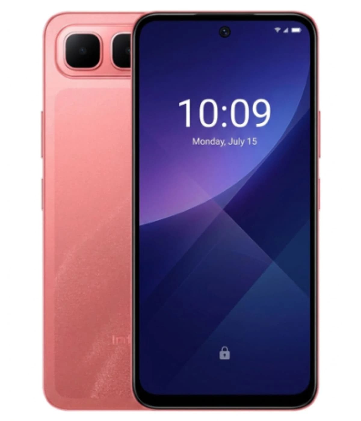 Infinix Smart 10 Plus smartphone in a stylish pink color with a sleek design. Features a vibrant display showing the time and date, dual rear cameras, and a smooth finish. Perfect for tech enthusiasts seeking modern aesthetics.