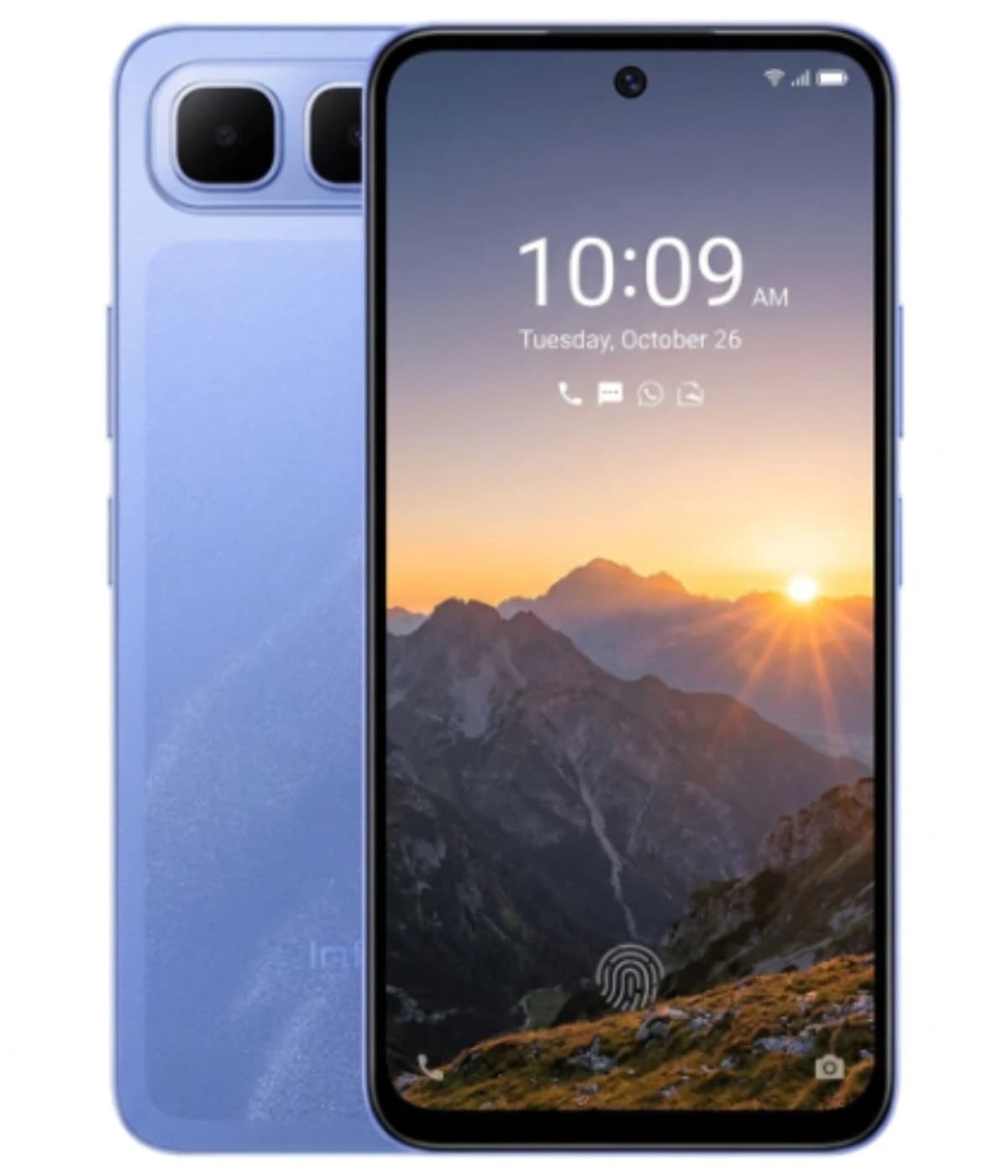 Infinix Smart 10 Plus smartphone in a sleek light blue design, featuring a dual-camera setup and a vibrant display showcasing a mountain landscape at sunset. The device has a modern aesthetic with a glossy finish and a fingerprint sensor on the…