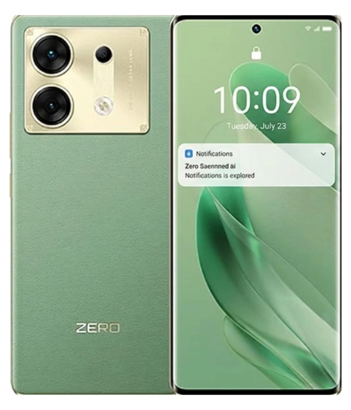 Infinix Zero 30 5G smartphone in a stylish green finish featuring a sleek design, dual rear cameras, and a vibrant display. The device showcases a modern aesthetic with a leather-like texture and the brand logo prominently displayed.