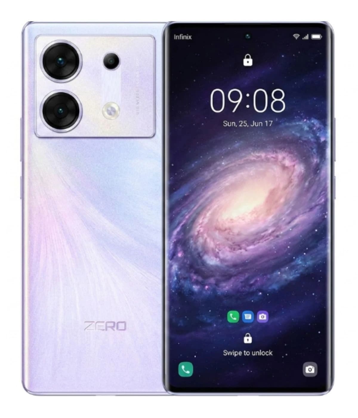 Infinix Zero 30 5G smartphone featuring a stunning iridescent back design with dual rear cameras, a vibrant display showcasing a cosmic wallpaper, and sleek edges. The device is shown from the front with a lock screen displaying the time.