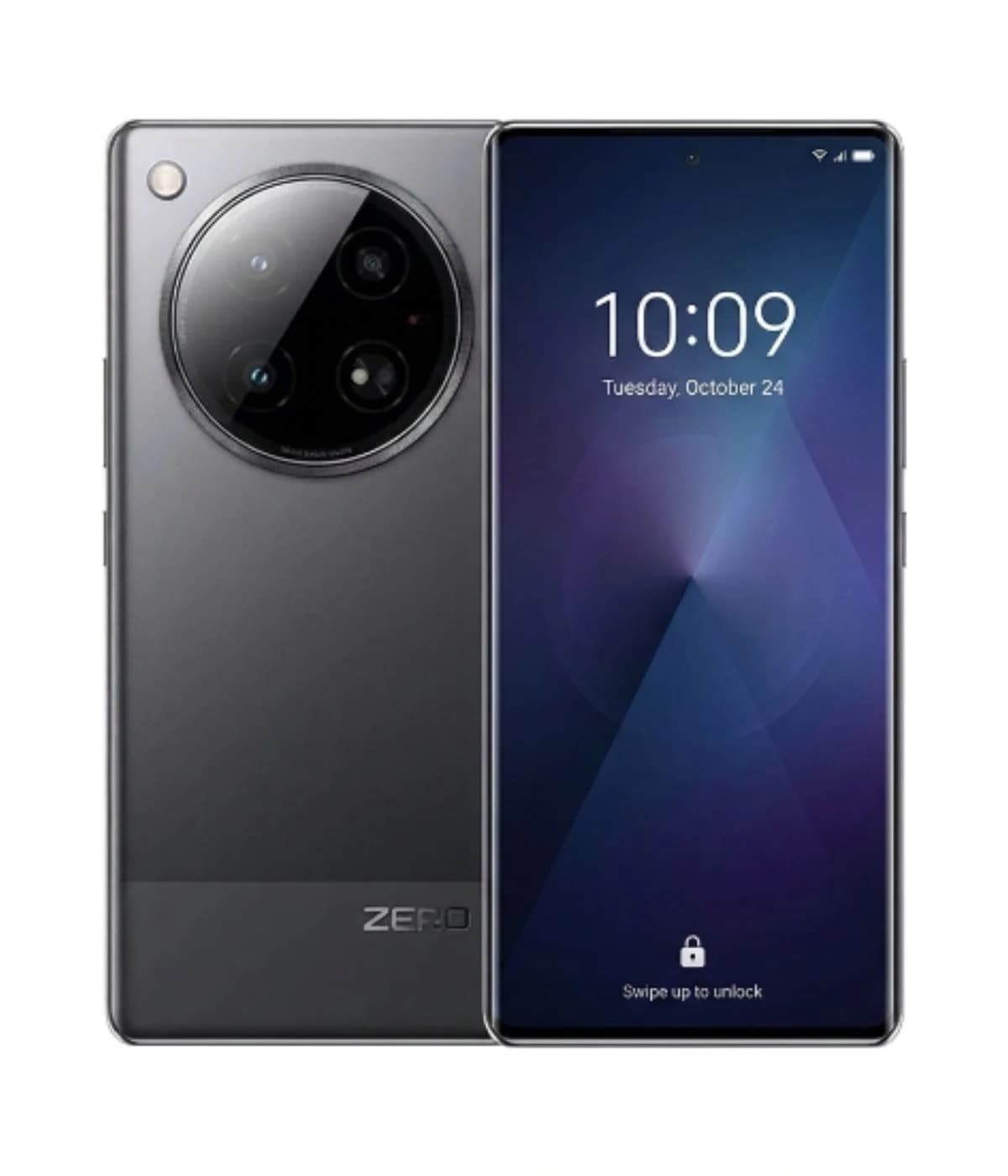 Infinix Zero 40 smartphone in sleek gray color featuring a large display and a unique circular camera module with multiple lenses. The front shows a vibrant screen with a lock icon and date display.