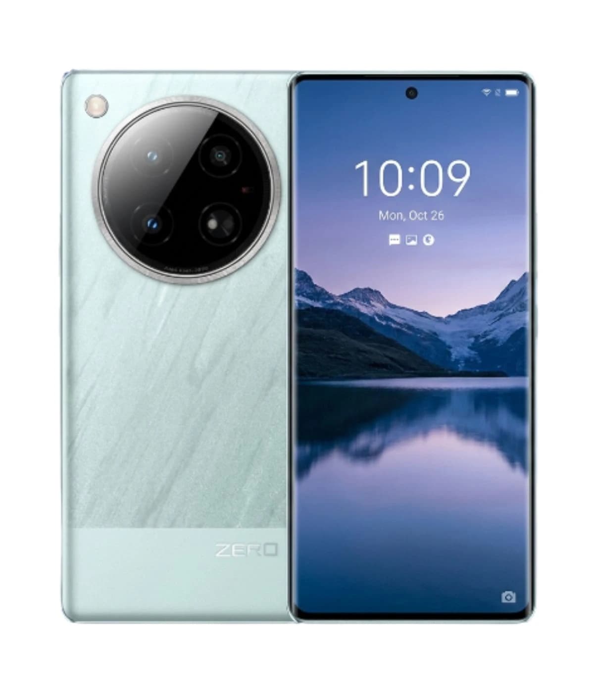 Infinix Zero 40 smartphone featuring a sleek mint green design with a unique textured back, large circular camera module, and vibrant display showcasing a scenic mountain view. The device is presented in a front view against a plain background.