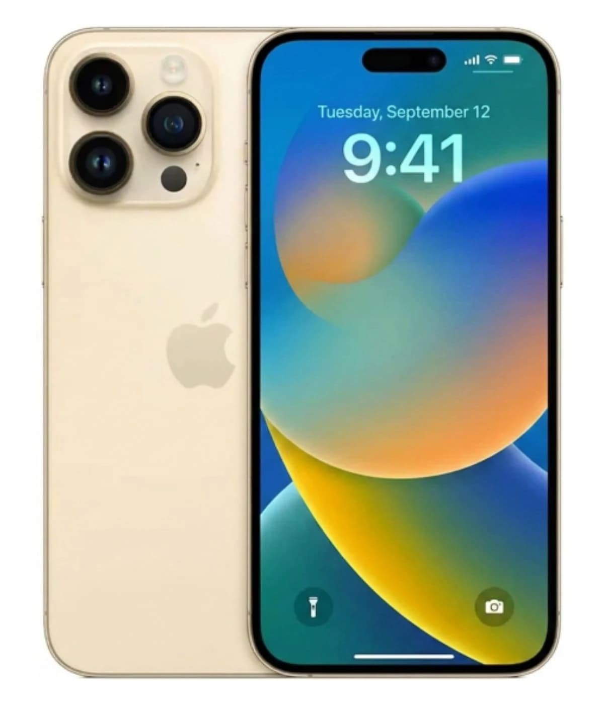 Apple iPhone 14 Pro Max in Gold color, featuring a sleek design with a vibrant display showing the time 9:41. The back showcases a triple-camera system with a premium finish, ideal for photography enthusiasts.