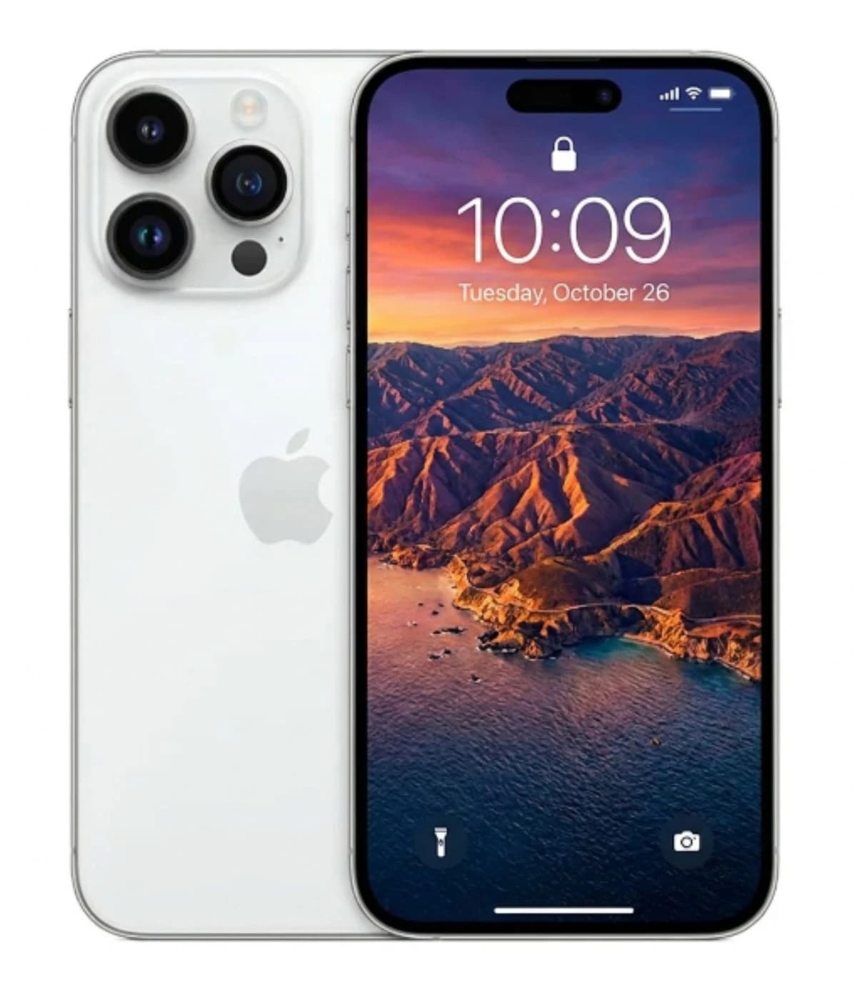 Apple iPhone 14 Pro Max in Silver with a stunning display showcasing a scenic mountain landscape. Features a sleek glass back, triple-camera system, and vibrant OLED screen. Perfect for photography and high-performance tasks.