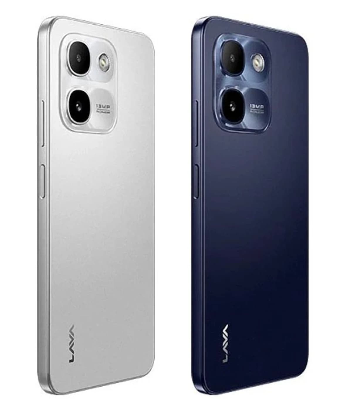 Lava Smart 4 Plus smartphone in silver and navy blue colors, featuring dual 13MP cameras, sleek design, and modern finish. The silver variant showcases a smooth matte texture, while the navy blue variant has a glossy appearance. Both phones are…