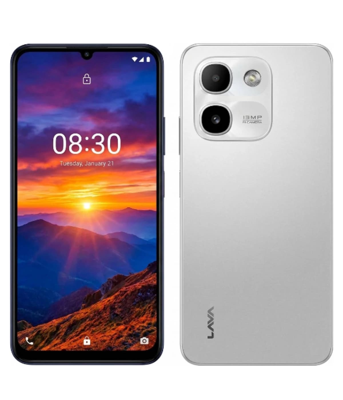 Lava Smart 4 Plus smartphone featuring a vibrant display with a scenic sunset background, sleek silver rear design, dual camera setup with 13MP main camera, and a modern notch display. The device showcases a stylish and ergonomic design, perfect…