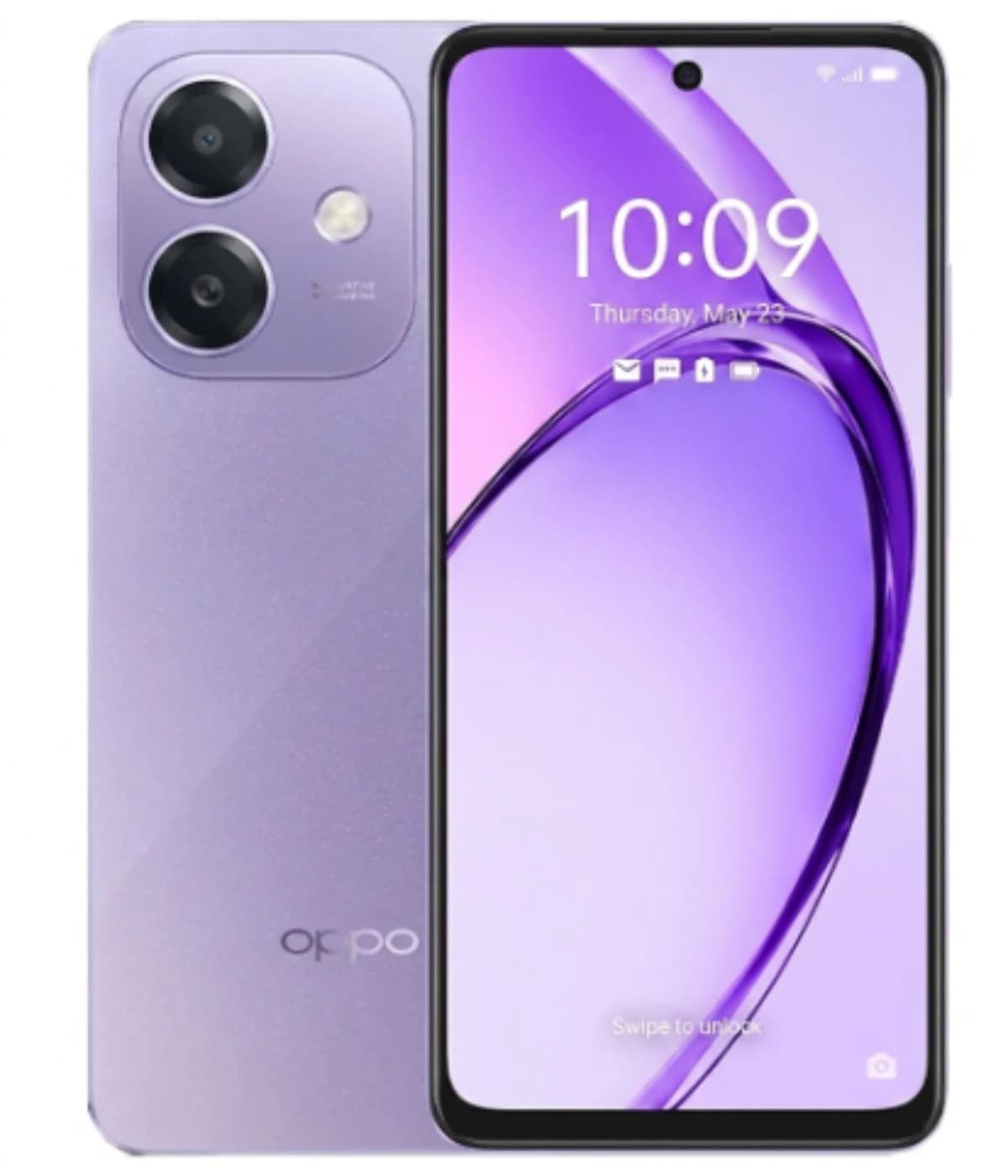 Oppo A5i smartphone in a sleek lavender color, featuring a dual-camera setup on the back and a vibrant display showing the time and date. The phone has a modern design with a glossy finish and rounded edges, ideal for stylish users.