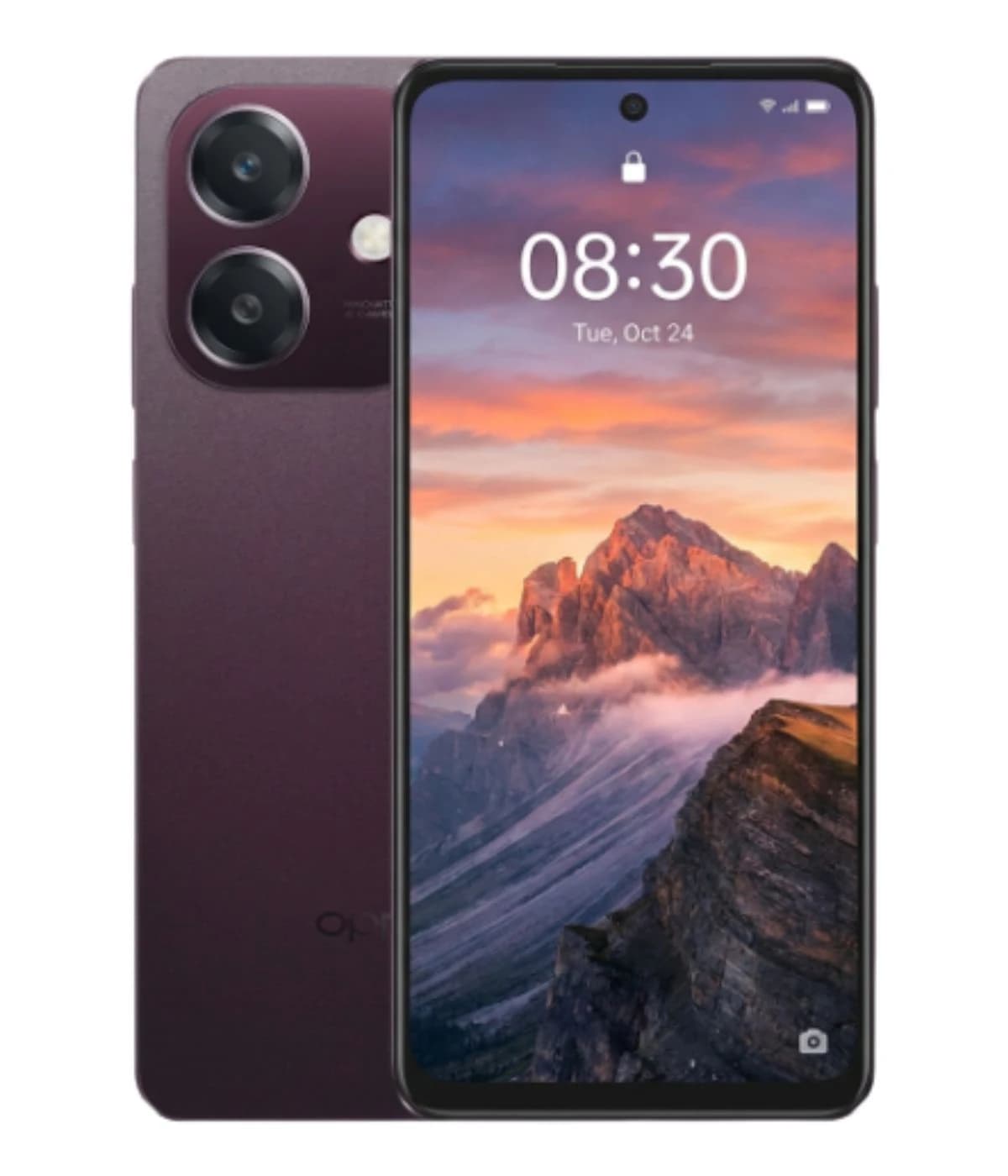 Oppo A5i smartphone in a sleek purple finish, featuring a dual-camera setup and a vibrant display showcasing a mountain landscape. The device is shown from the front and back, highlighting its modern design and premium feel.