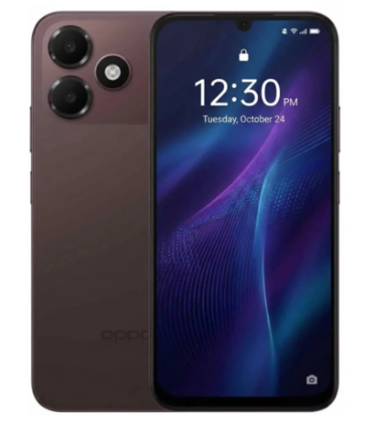 Oppo A6c smartphone featuring a sleek design in dark purple, showcasing a dual-camera setup on the back and a vibrant display with a waterdrop notch. The screen displays the time and date, emphasizing its modern aesthetic.
