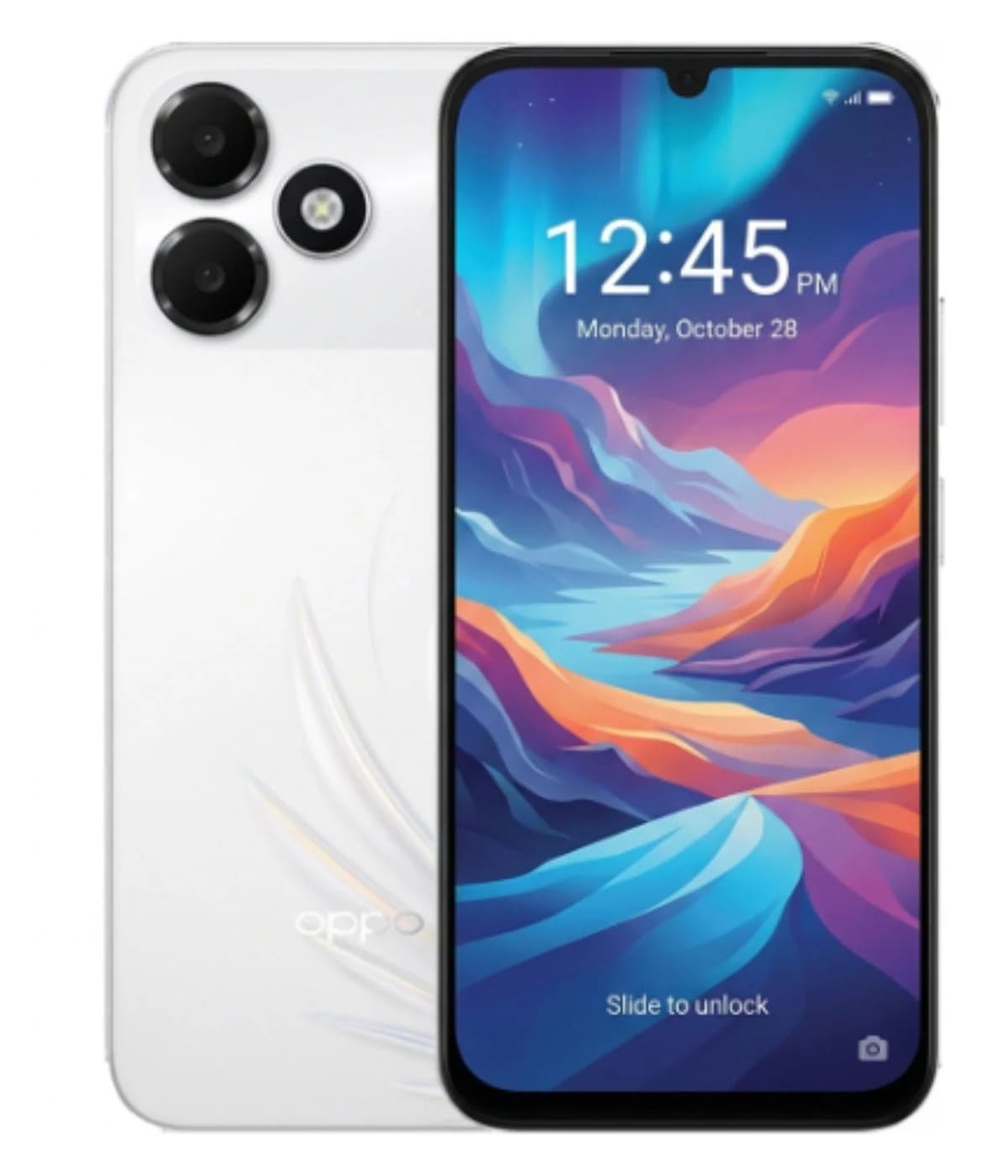 Oppo A6c smartphone featuring a sleek white design with a vibrant display showcasing colorful abstract graphics. The back displays a dual-camera setup with a glossy finish, emphasizing modern aesthetics.