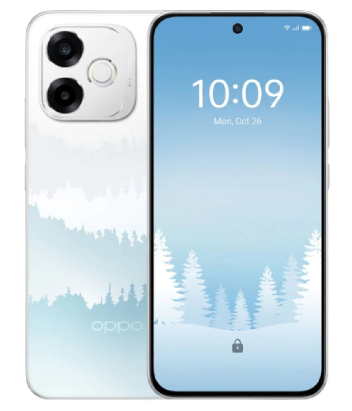 Oppo A6s Pro smartphone featuring a sleek design with a white and blue gradient back showcasing a winter landscape. The front displays a vibrant lock screen with a time of 10:09. Dual rear cameras are visible.