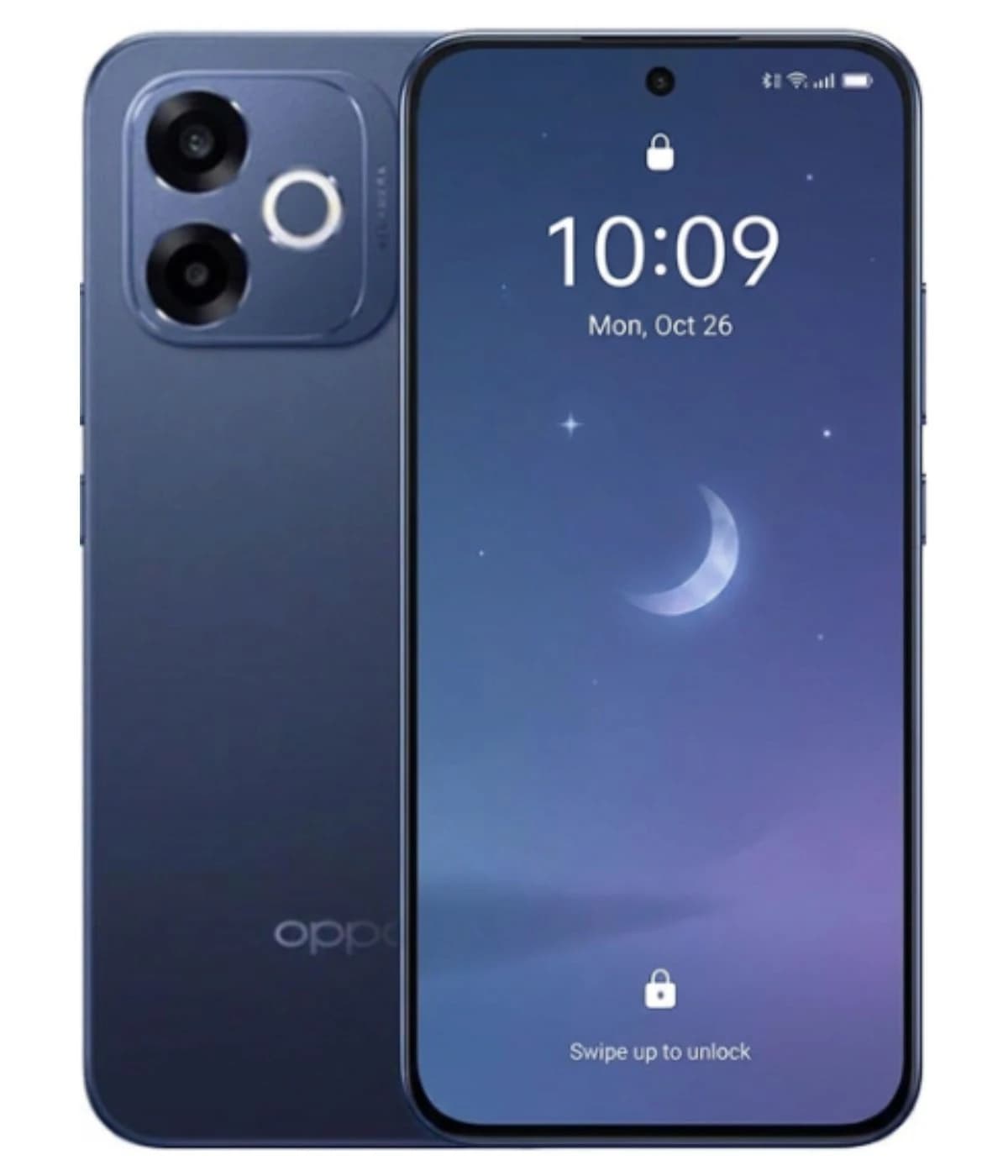 Oppo A6s Pro smartphone in deep blue color, featuring a dual-camera setup on the back and a vibrant display showing a moonlit lock screen. The device has a sleek design with rounded edges, perfect for modern users.