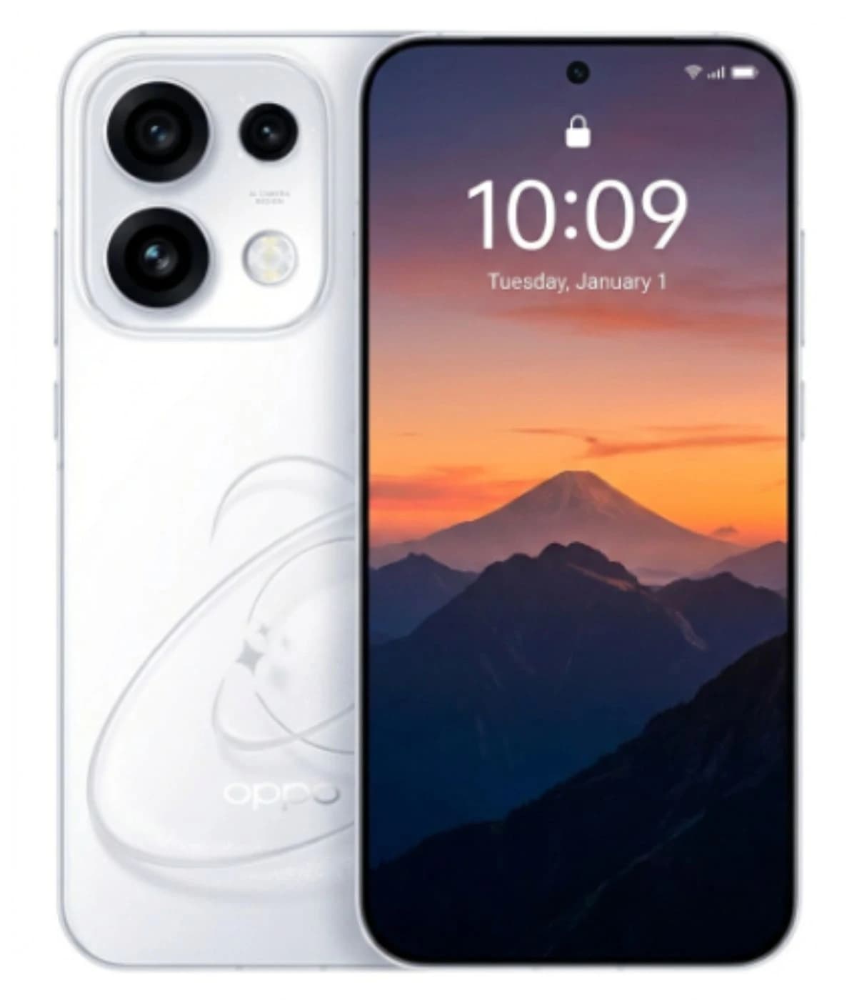 Oppo Reno 16 Pro smartphone in sleek white design featuring a vibrant display with a scenic mountain background. The device showcases a triple camera setup on the back and a minimalistic front with a punch-hole camera.