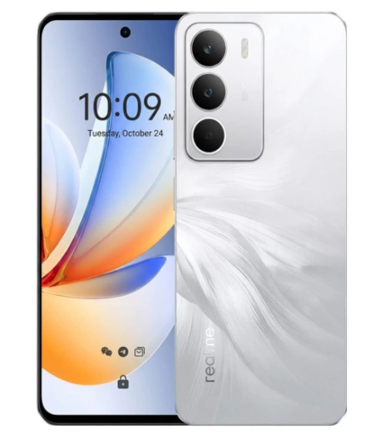 Realme C71 smartphone featuring a sleek white design with a vibrant display showing the time and date. The back showcases a triple camera setup with a glossy finish, ideal for photography enthusiasts.