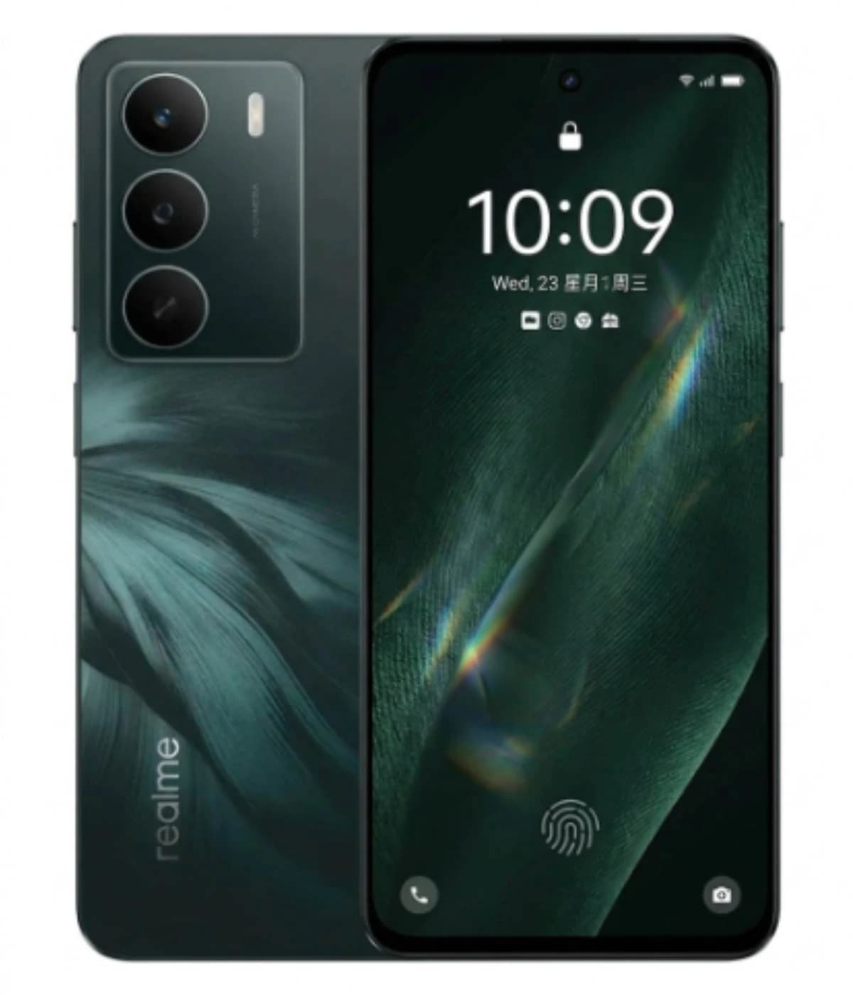 Realme C71 smartphone featuring a sleek design in a deep green color. The device showcases a vibrant display with a fingerprint sensor, triple camera setup on the back, and a modern aesthetic. Perfect for tech enthusiasts.