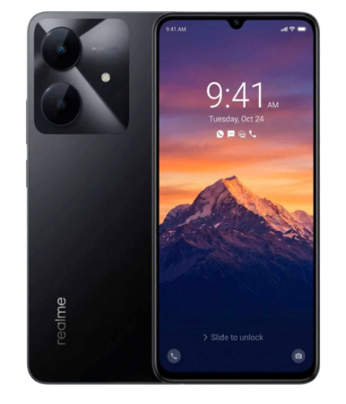 Realme Note 60X smartphone in sleek black design featuring dual rear cameras and a vibrant display showing a mountain landscape. The device has a modern aesthetic with a glass front and smooth edges.