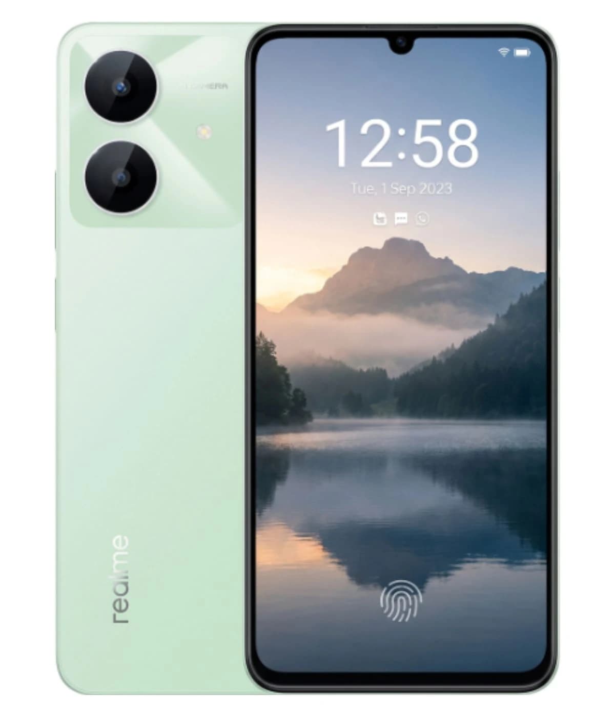 Realme smartphone featuring a sleek mint green design, dual rear cameras, and a vibrant display showing a serene lake landscape. The device has a fingerprint sensor on the front and a modern notch design.