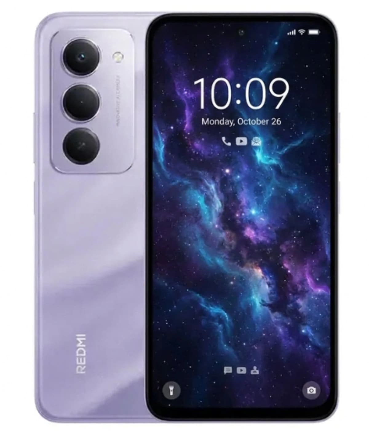 Redmi 15 smartphone in a sleek lavender color featuring a triple camera setup on the back, showcasing a vibrant cosmic wallpaper on the display. The device has a modern design with rounded edges and a glossy finish.