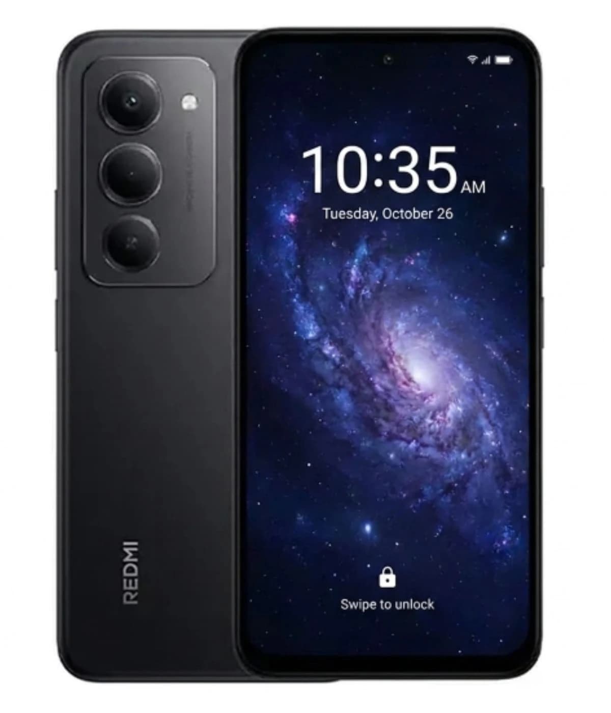 Xiaomi Redmi 15 smartphone in sleek black design featuring a vibrant display with a galaxy wallpaper. The device showcases a triple camera setup on the back and a modern front view with a minimal bezel.