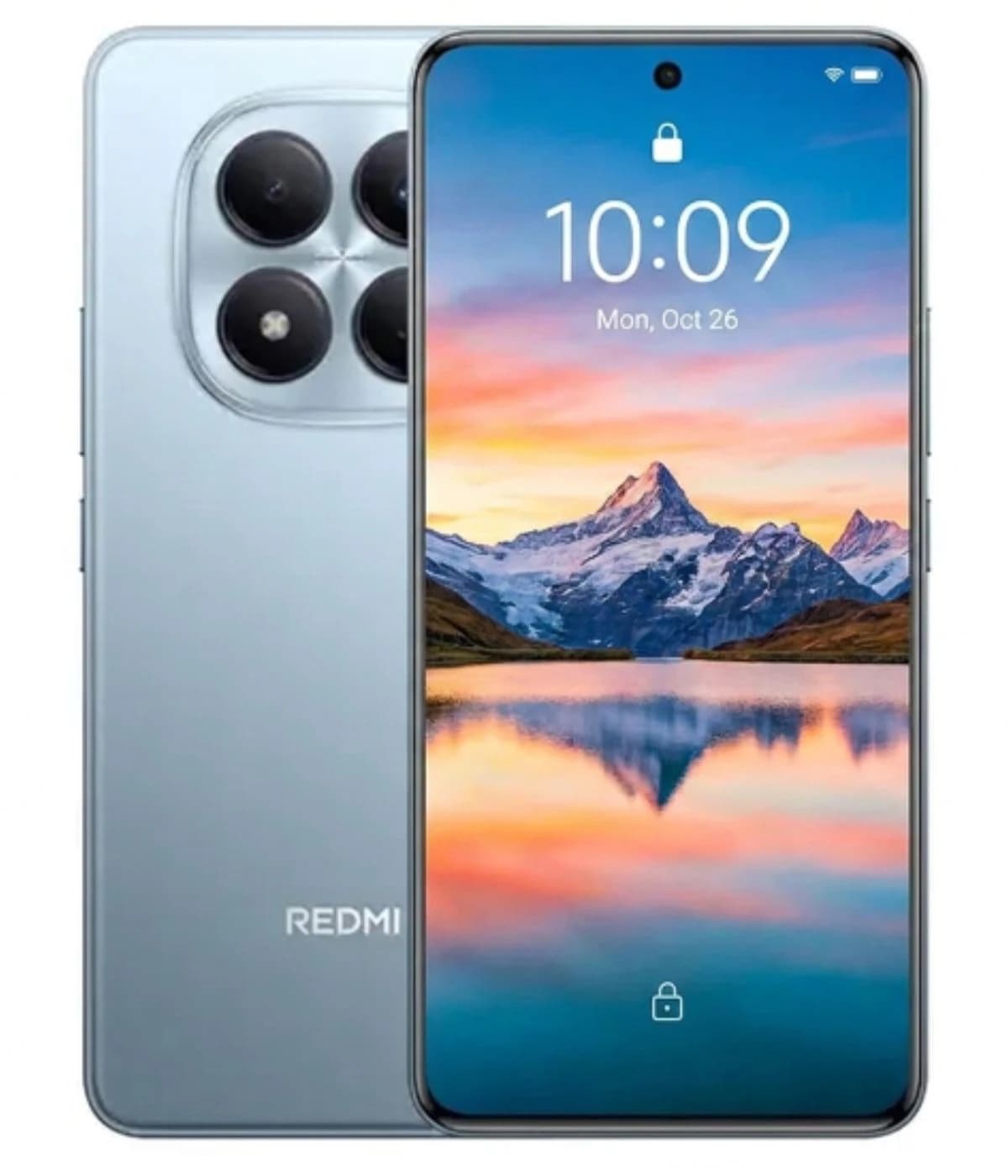 Redmi Note 15 Pro smartphone in sleek silver finish, featuring a vibrant display with a mountain landscape wallpaper. The device showcases a triple camera setup on the back, emphasizing its modern design and advanced photography capabilities.