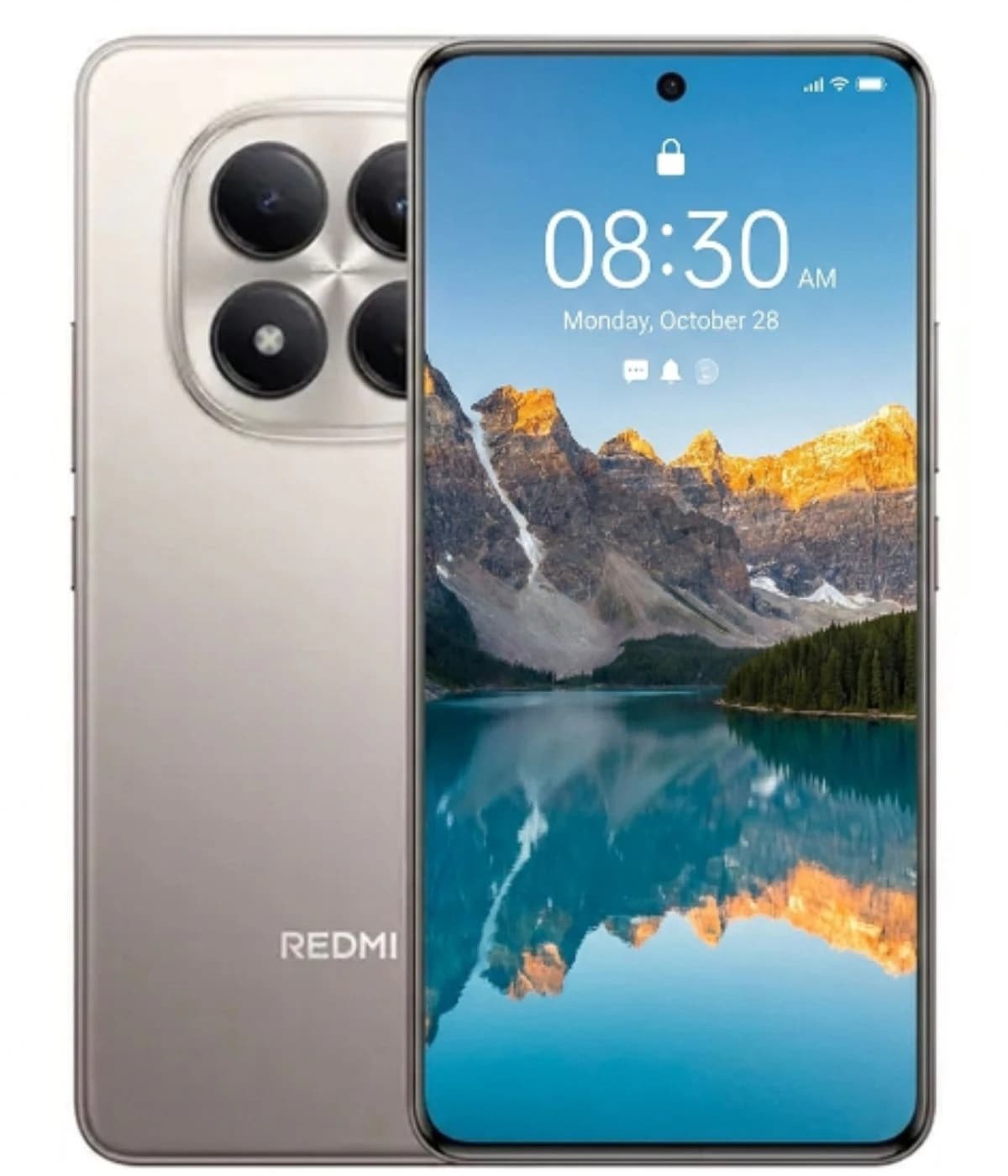 Redmi Note 15 Pro smartphone featuring a sleek silver design, showcasing a vibrant display with a scenic mountain lake wallpaper. The back has a quad-camera setup with a glossy finish, ideal for photography enthusiasts.