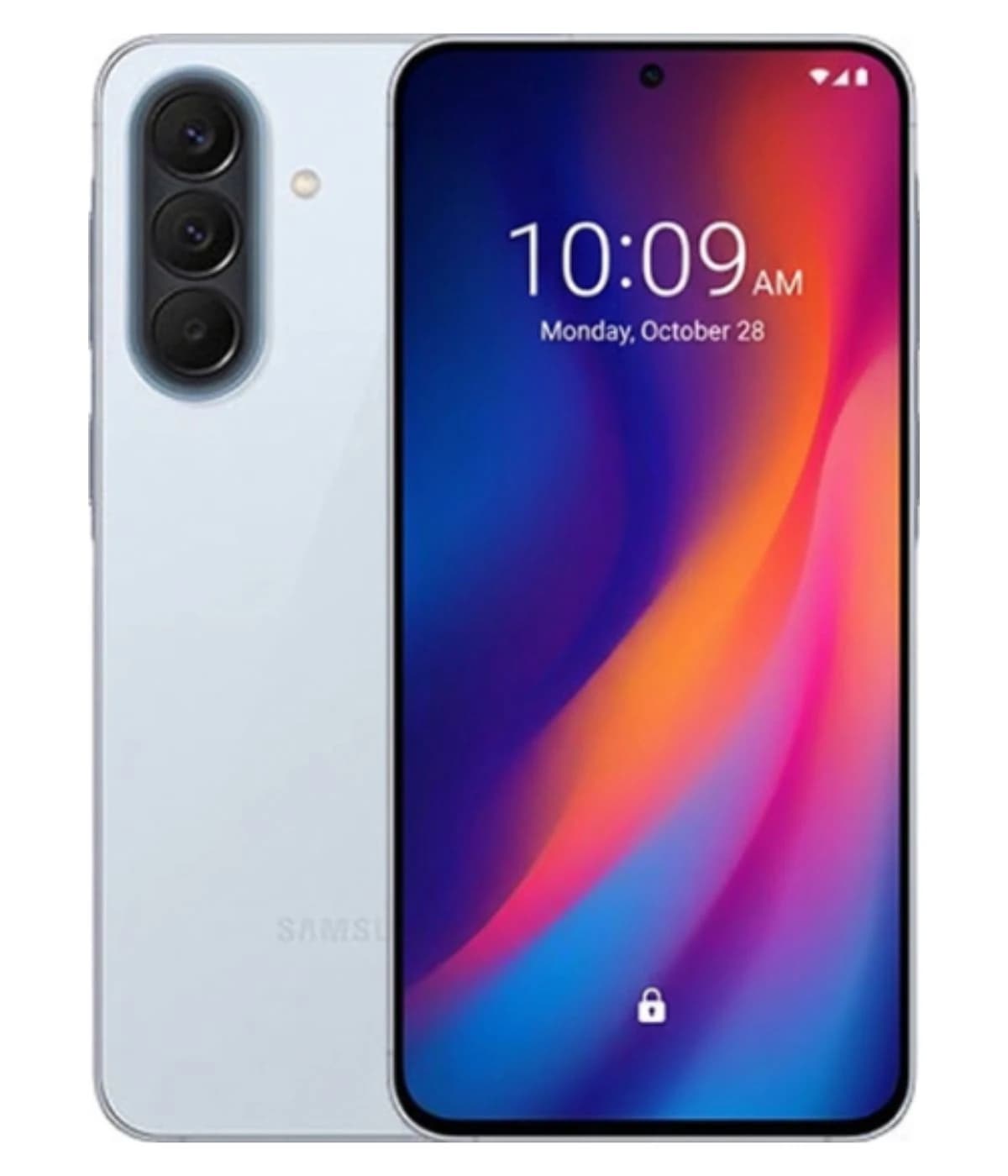 Samsung Galaxy A08 smartphone in sleek white finish, featuring a vibrant display with a colorful abstract wallpaper. The device showcases a triple camera setup on the back, emphasizing its modern design. Front view highlights the edge-to-edge…