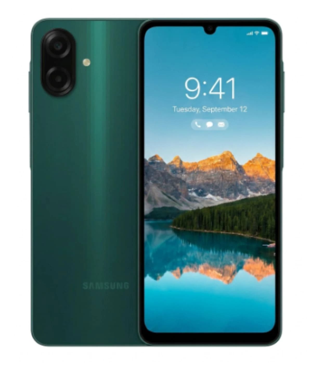 Samsung Galaxy A07 smartphone in a sleek green finish, showcasing a vibrant display with a scenic mountain lake wallpaper. The device features dual rear cameras and a modern design, perfect for tech enthusiasts.