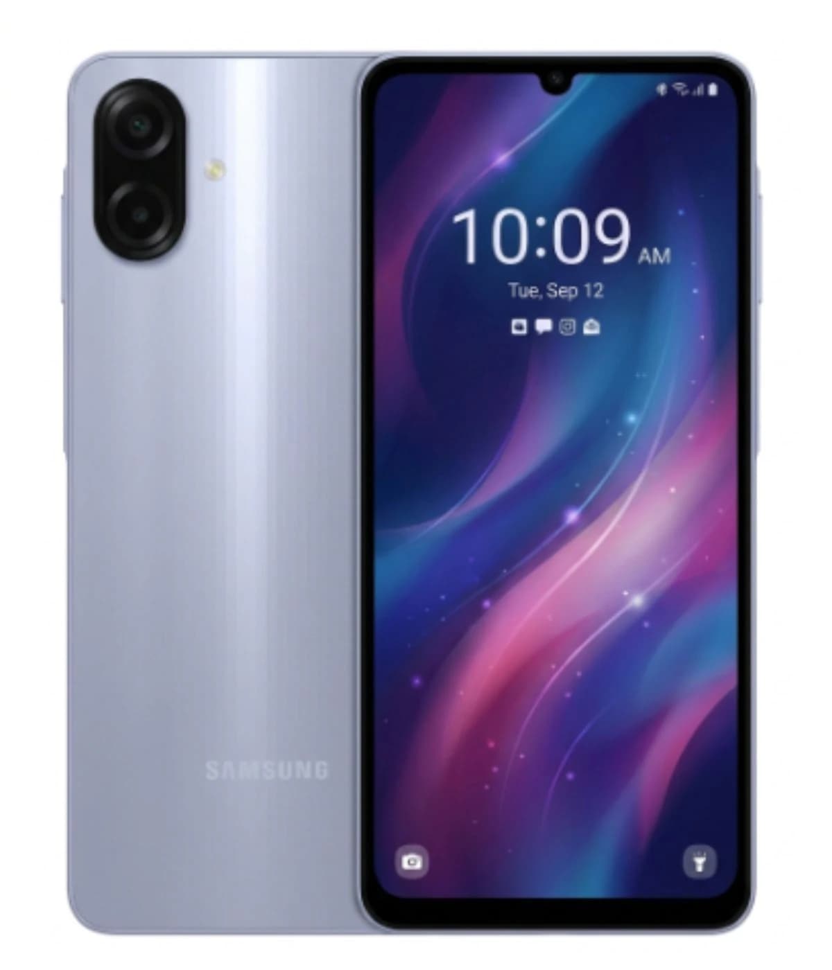 Samsung Galaxy A07 smartphone in sleek silver finish, featuring dual rear cameras and a vibrant display showcasing colorful graphics. The device is shown from the front and back, highlighting its modern design and user interface.