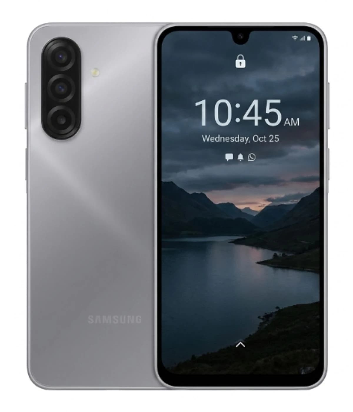 Samsung Galaxy A17 smartphone in sleek silver finish, featuring a triple camera setup on the back and a vibrant display showing the time and date. The phone is positioned against a scenic landscape background.