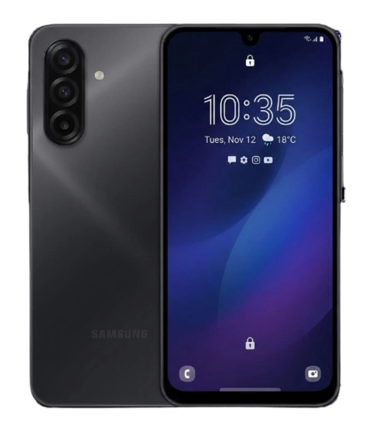 Samsung Galaxy A17 smartphone in sleek black design, featuring a vibrant display with time and weather information. The back showcases a triple camera setup, emphasizing modern technology and style.