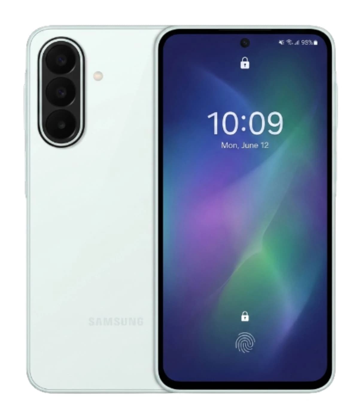Samsung Galaxy A27 smartphone in white color featuring a sleek design, triple rear camera setup, and a vibrant display showing a lock screen with fingerprint sensor. Ideal for tech enthusiasts.