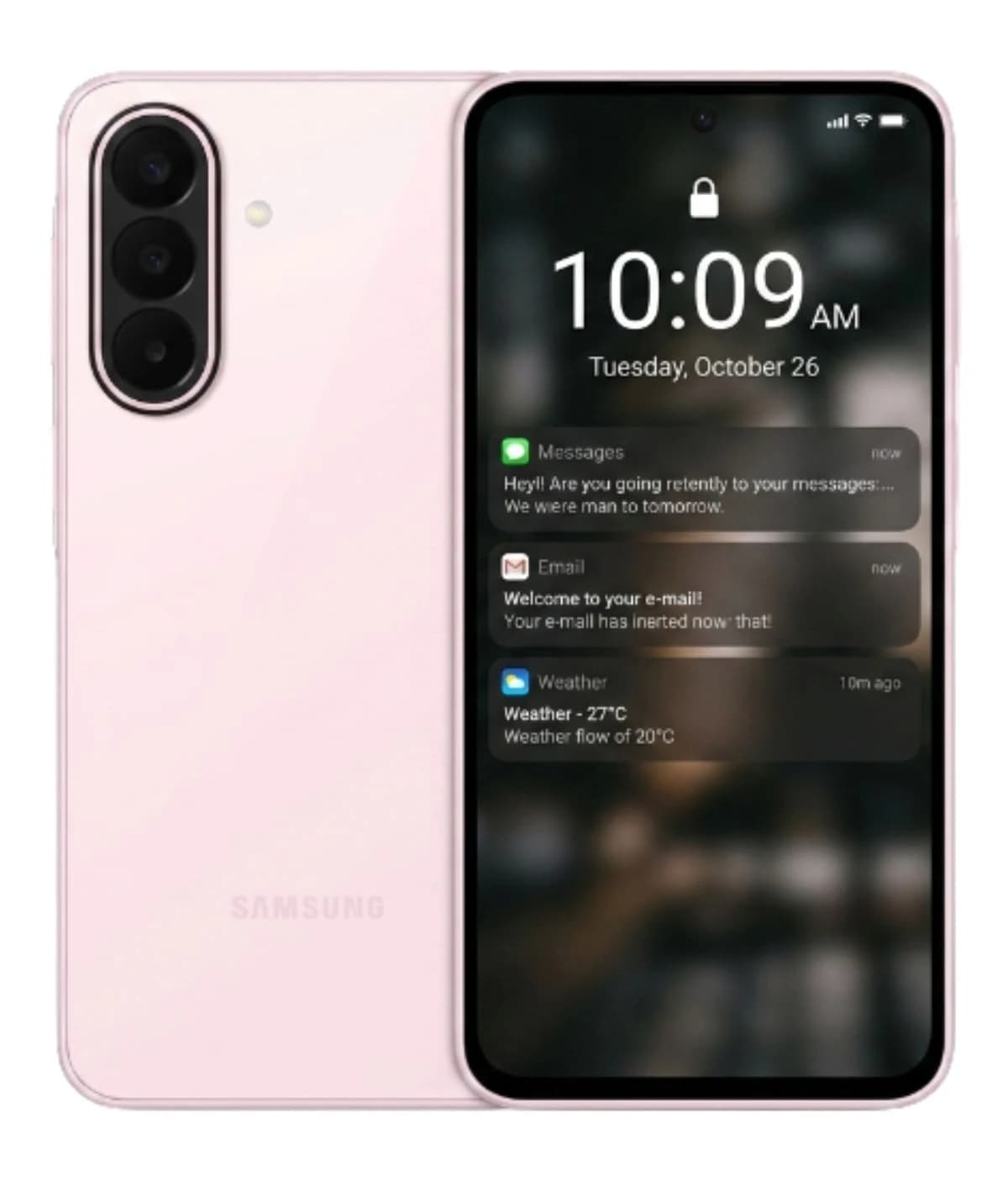 Samsung Galaxy A27 smartphone in soft pink color featuring a sleek design, three rear cameras, and a vibrant display showing notifications. The device is positioned against a plain background, highlighting its modern aesthetics.