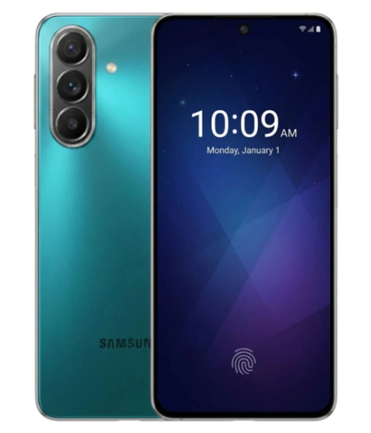 Samsung Galaxy M47 smartphone in a stunning teal color featuring a sleek design, triple rear camera setup, and vibrant display showing the time 10:09 AM. The device has a fingerprint sensor on the front.