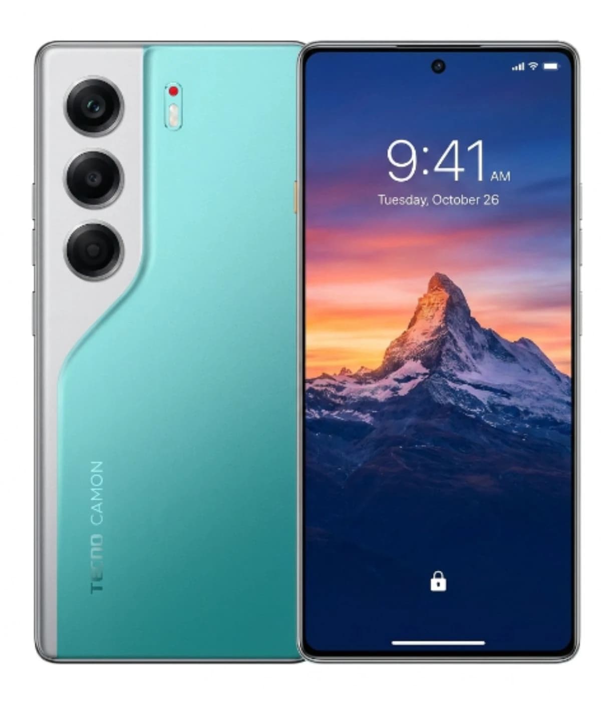 Tecno Camon 40 smartphone featuring a stunning turquoise back design with three rear cameras, sleek silver edges, and a vibrant display showcasing a mountain landscape. The device is shown from the front with a lock screen visible.