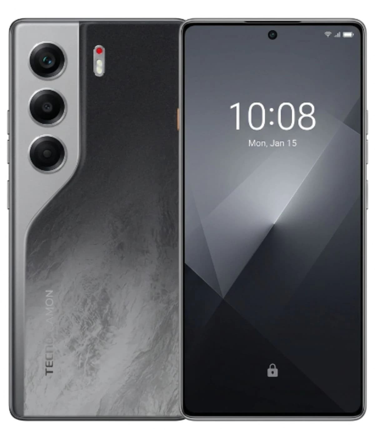 Tecno Camon 40 smartphone featuring a sleek gray design with a textured back, triple camera setup, and a vibrant display showing the time and date. The device is presented in a front view against a plain background.
