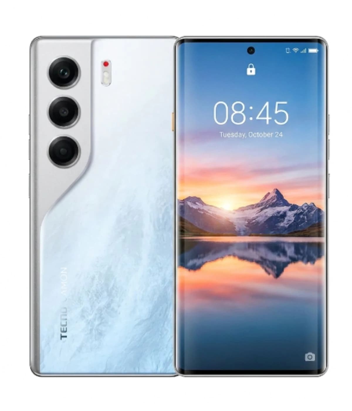 Tecno Camon 40 Pro smartphone featuring a sleek design with a glossy white back and three rear cameras. The front displays a vibrant screen showing a scenic landscape with a time indicator. Ideal for photography enthusiasts.