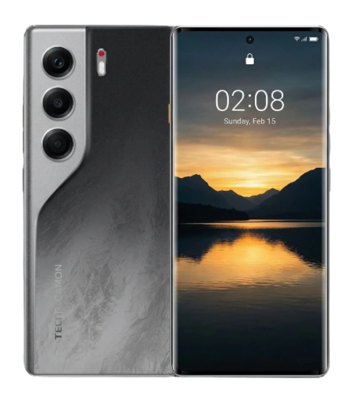 Tecno Camon 40 Pro smartphone featuring a sleek design with a silver and black gradient finish, triple rear camera setup, and a vibrant display showing a scenic sunset. The device is front-facing with a modern aesthetic.