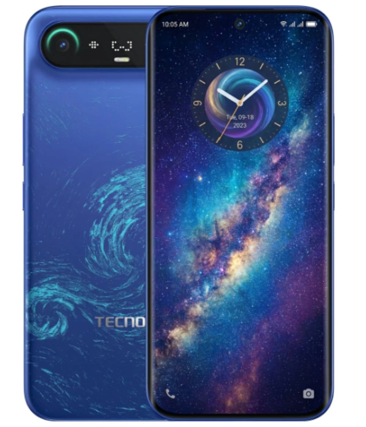 Tecno Camon Slim smartphone featuring a vibrant blue design with swirling patterns on the back. The front displays a stunning galaxy-themed wallpaper with a digital clock. The device showcases a sleek, modern aesthetic, ideal for tech enthusiasts.