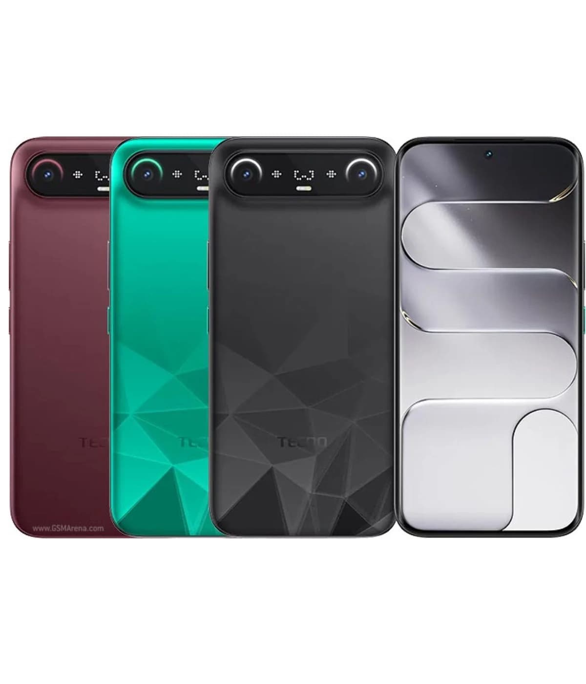 Tecno Camon Slim smartphone collection featuring four color variants: burgundy, teal, black, and silver. Each phone showcases a sleek design with a geometric pattern and dual rear cameras, set against a plain background.