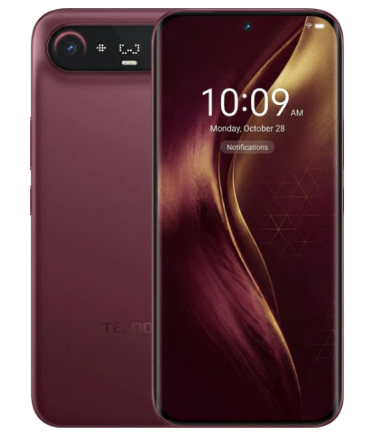 Tecno Camon Slim smartphone in a rich burgundy color, featuring a sleek design with a vibrant display showing the time and notifications. The back showcases the brand logo and a dual-camera setup, emphasizing its modern aesthetics.