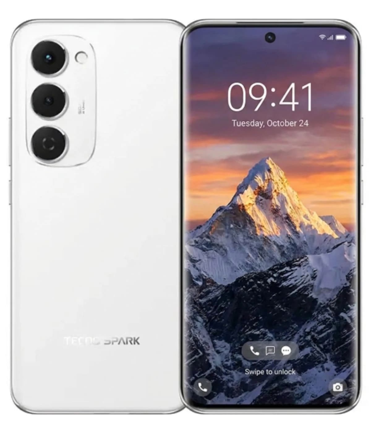 Tecno Spark 40 Pro smartphone in sleek white finish, showcasing a vibrant display with a mountain landscape wallpaper. Features a triple camera setup on the back and a modern design with slim bezels.