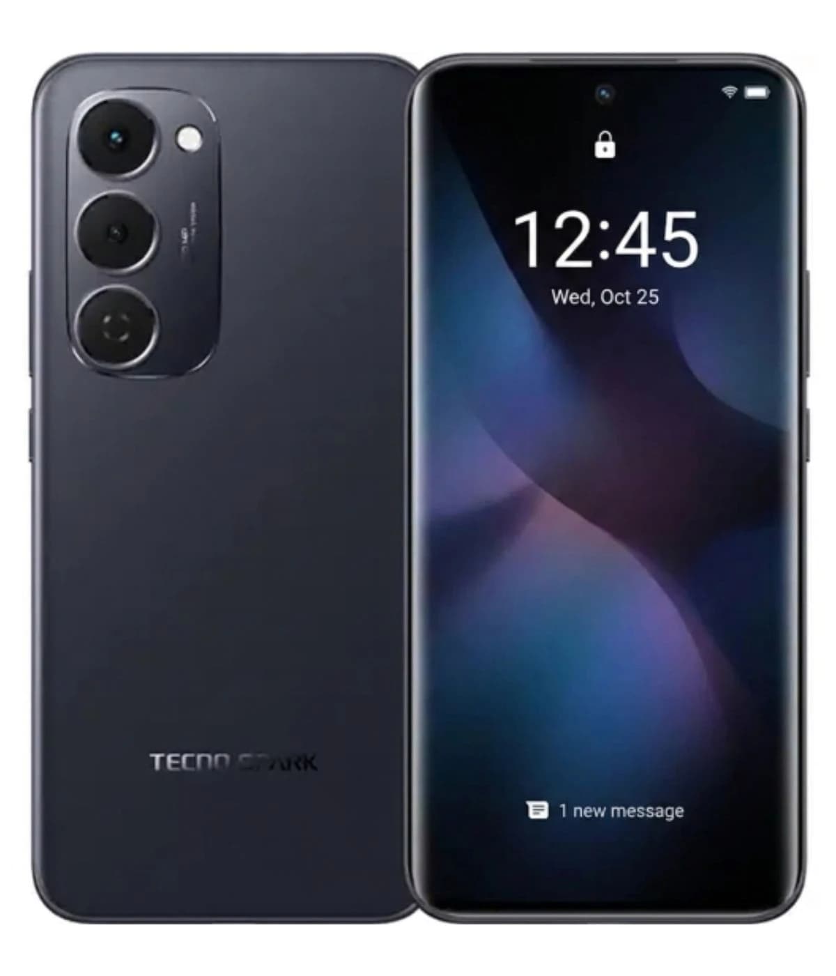 Tecno Spark 40 Pro smartphone in sleek black color featuring a triple camera setup on the back, a vibrant display showing the time and date, and a modern design. The device is presented from a front and back view, highlighting its premium finish.