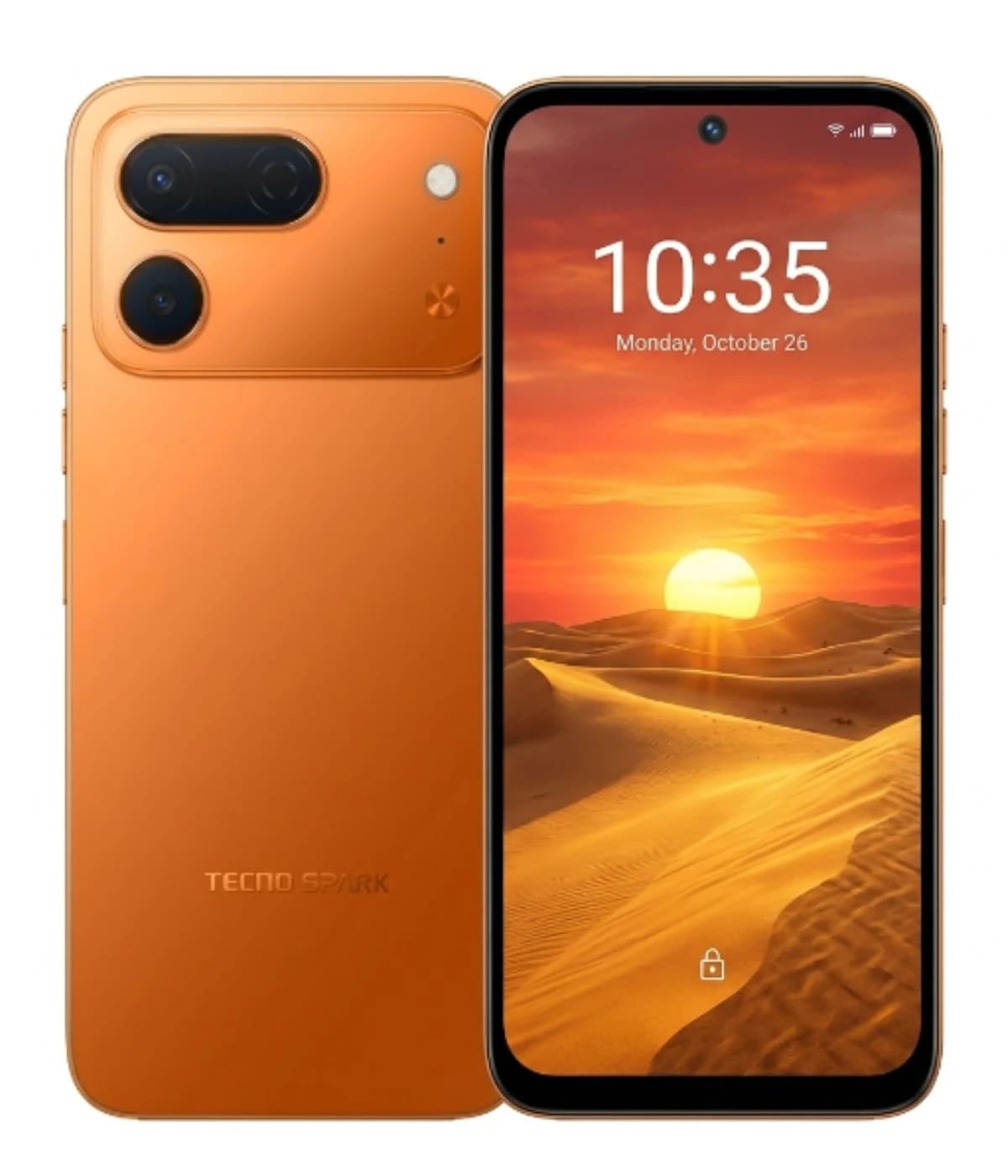 Tecno Spark 50 Pro smartphone in vibrant orange color, showcasing dual rear cameras and a stunning display featuring a sunset over sand dunes. The device is sleek with a modern design, emphasizing its premium feel.